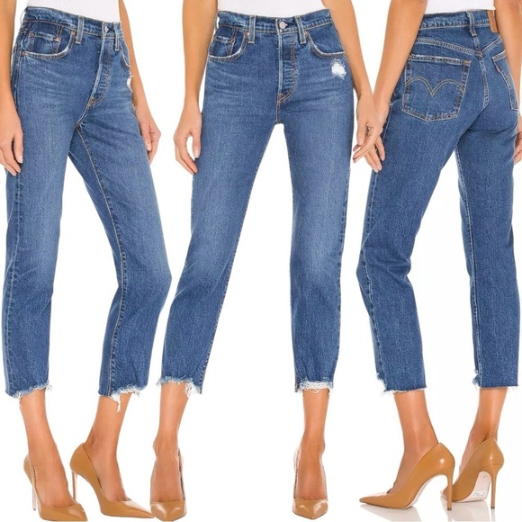 Levi's 501 Premium Crop Jeans in Charleston Fun Size 27 Big E Distressed Raw Hem - Picture 2 of 16